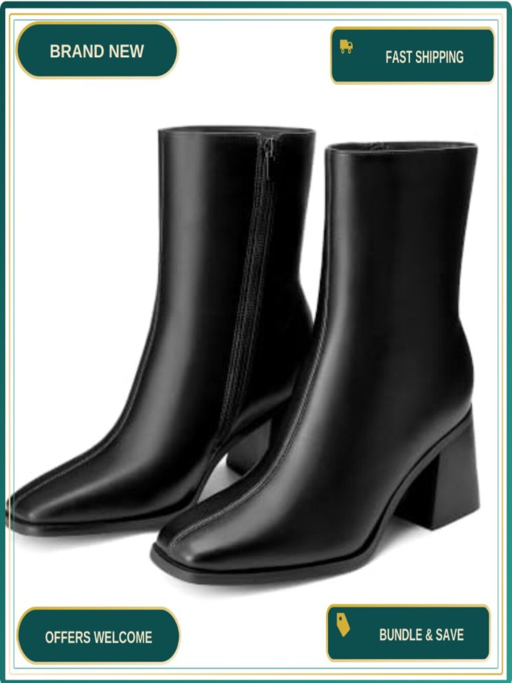 Women's Square Toe Ankle Boots Faux Leather Chunky Heel Bootie